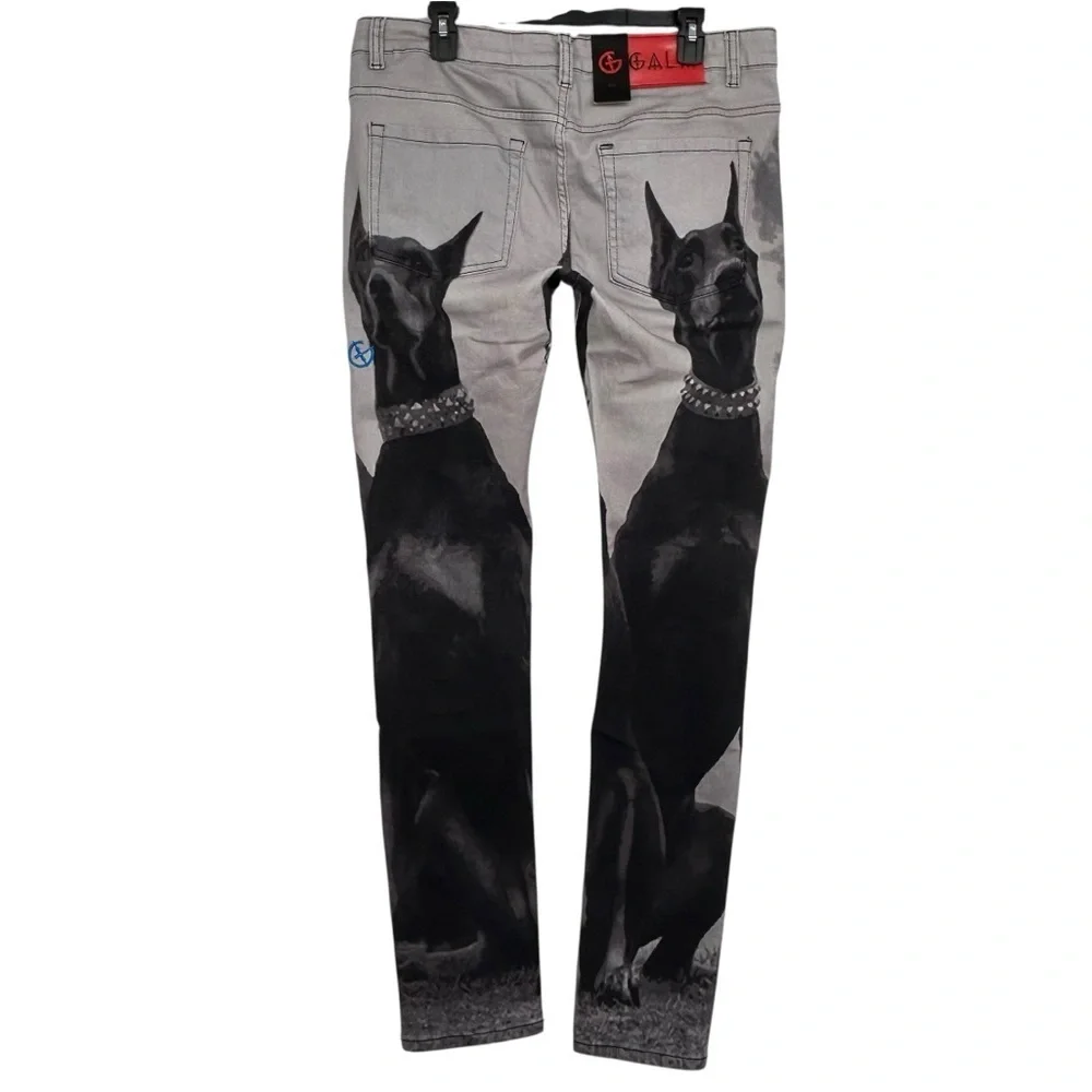 Gala Jeans NWT $180 Doberman Dog Graphic Gothic Blue Script Streetwear Sz W36 - Picture 5 of 16